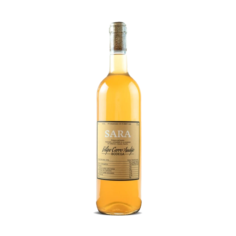 Botella de vino blanco. El vino tiene un color amarillo dorado brillante.