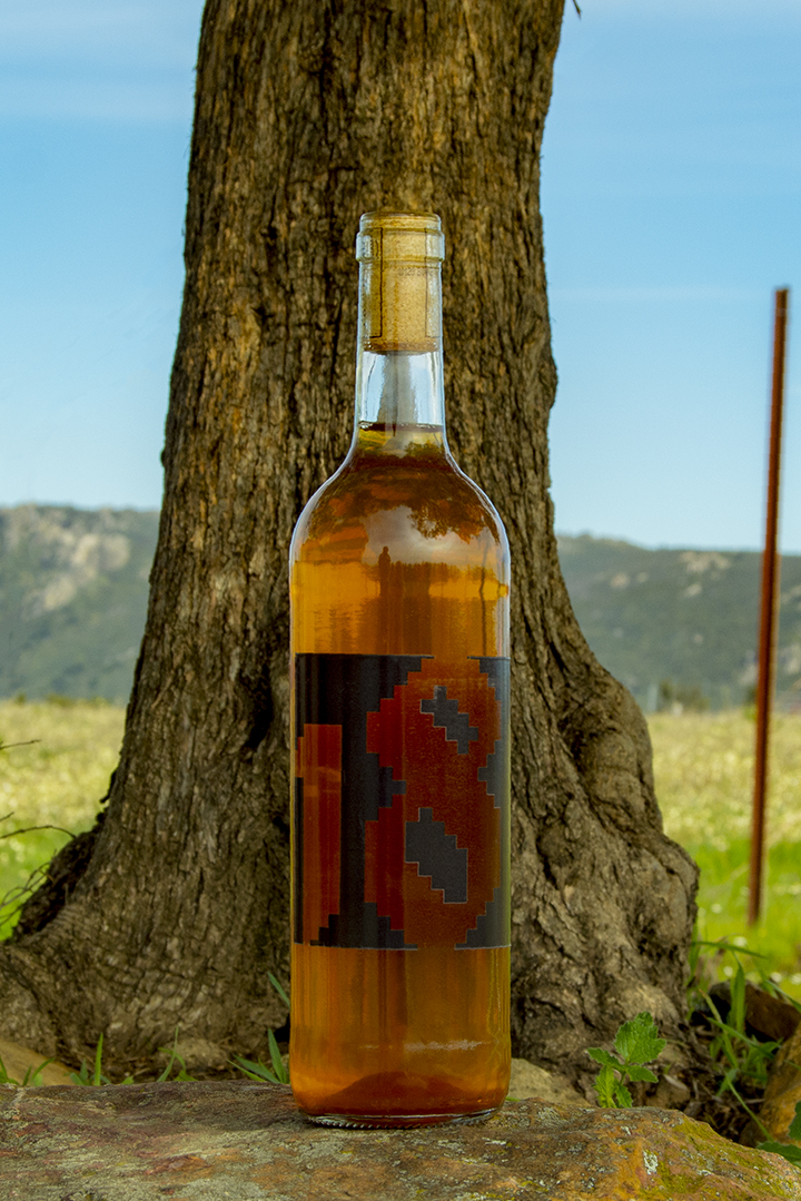 Foto de vino blanco con una etiqueta moderna donde pone 18. De fondo hay un tronco y un paisaje de montañas